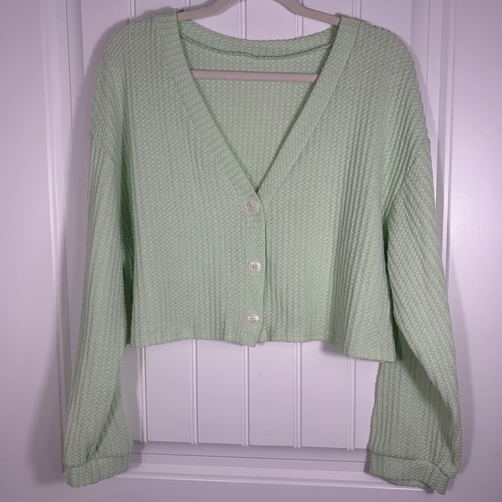 Shein Mint Green Waffle Knit Cropped‎ Button Cardigan Sweater 2XL